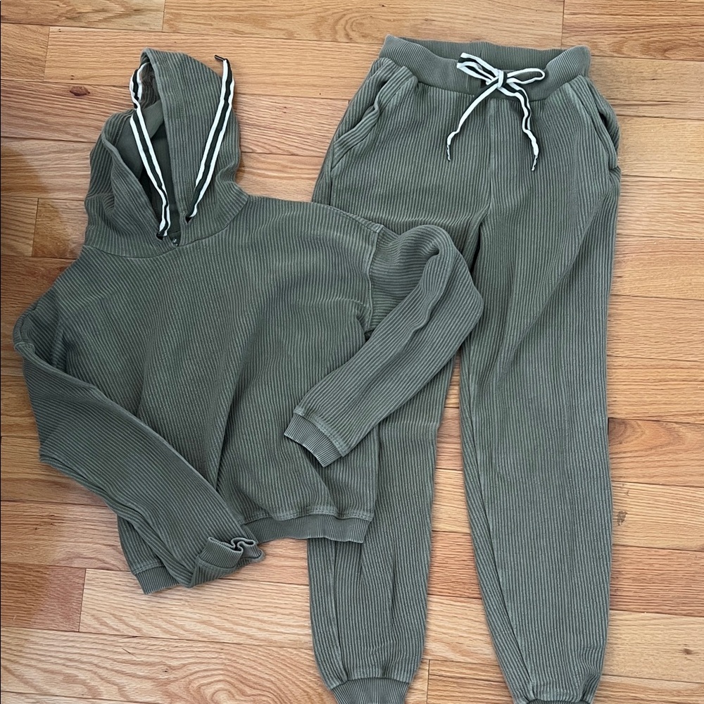Aerie Olive Green Ribbed Hoodie and Jogger Set